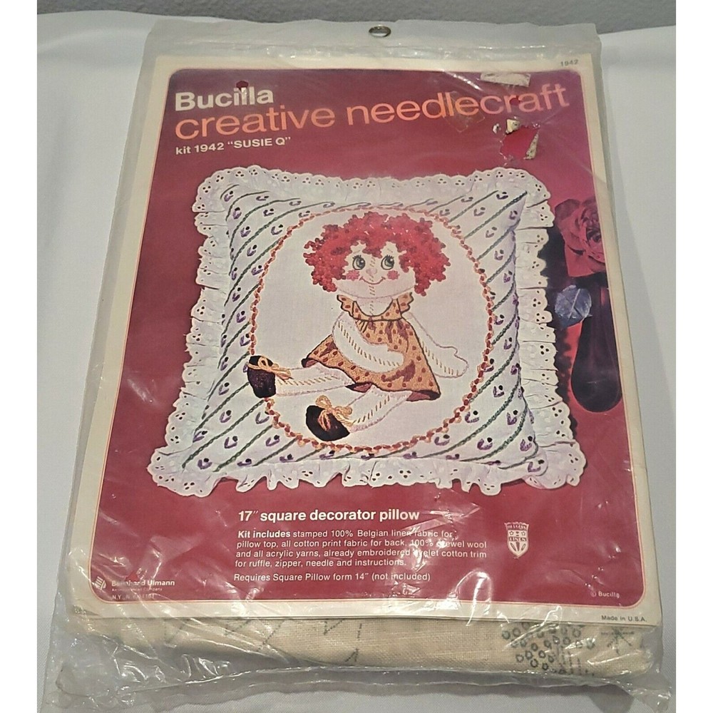 Vintage Bucilla‎ Crewel Kit 1942 "SUSIE Q" Doll Crewel Embroidery Pillow